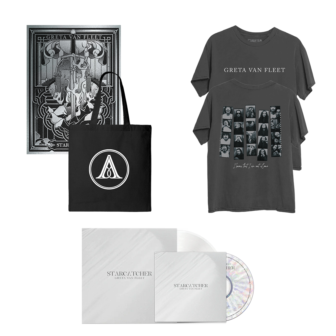 Starcatcher Vinyl + Starcatcher CD + Greta Van Fleet Film Strip T-Shirt + Starcatcher A Logo Tote Bag + Starcatcher Silver Foil Lithograph
